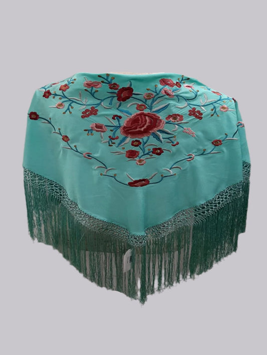 MANTONCILLO DE FLAMENCA BORDADO AZUL CON TONOS BORGOÑA Y CORAL 3.22024