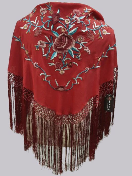 MANTONCILLO DE FLAMENCA BORDADO ROJO CON TONOS BORGOÑA Y AZUL 3.12024