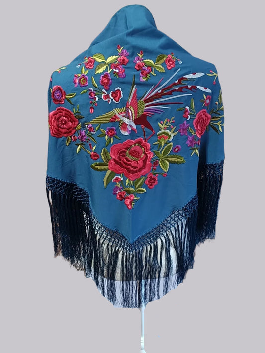 MANTONCILLO DE FLAMENCA BORDADO AZUL PETRÓLEO CON TONOS BORGOÑA Y ROJO 2.22024